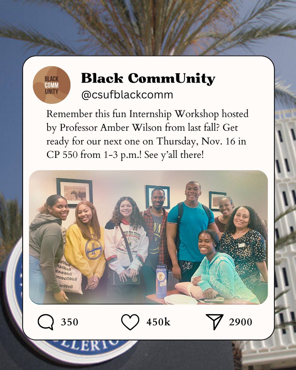 Don’t know where to start when looking for internships? 😓 No worries, BCU’s got your back! Professor Amber Wilson will be hosting an Internship Workshop on Thursday, Nov. 16 in CP 550 from 1-3 p.m. Lunch will be provided, so swing by and learn how to score an internship.