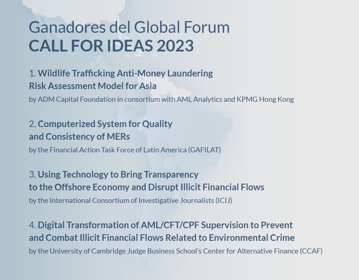 Nos complace anunciarles que el GAFILAT ha resultado uno de los ganadores del CALL FOR IDEAS 2023 en el que se reconocieron las propuestas más innovadoras en la lucha ALA/CFT. Agradecemos al @giz_gmbh por el reconocimiento y felicitamos a los ganadores.