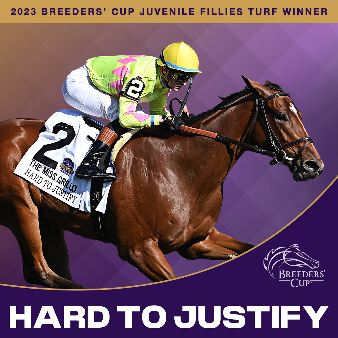 TheNYRA's tweet photo. The Miss Grillo winner, HARD TO JUSTIFY, remains undefeated as she wins the #BreedersCup Juvenile Fillies Turf! https://t.co/k9RLEkthJ8
