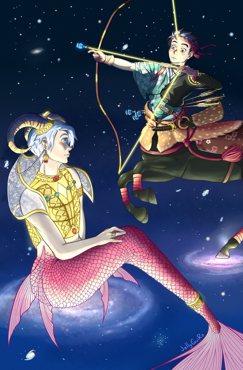Finally! It's time to reveal the artwork that I made for the  <a href="/yoiStarDustZine/">Star*Dust: a YOI Astrology Zine🏹🌟🐐*SHIPPING*</a> ! I present to you this Victuuri representing their birth zodiac signs! (More about the piece:🧵)

We're on leftover sales time, 2 days left! Go get your copy at yoistardustzine.ecwid.com!
