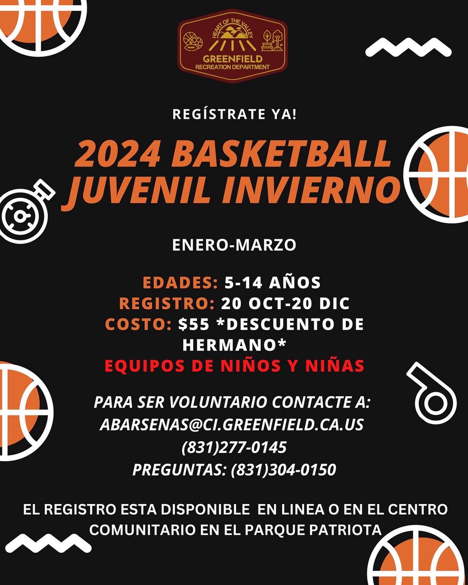 BASKETBALL REGISTRATION ✍️🏀
Girls ⛹️‍♀️ &amp; Boys Teams ⛹️‍♂️
✍️: greenfieldcarec.com/home
Or at the Community Center in Patriot Park