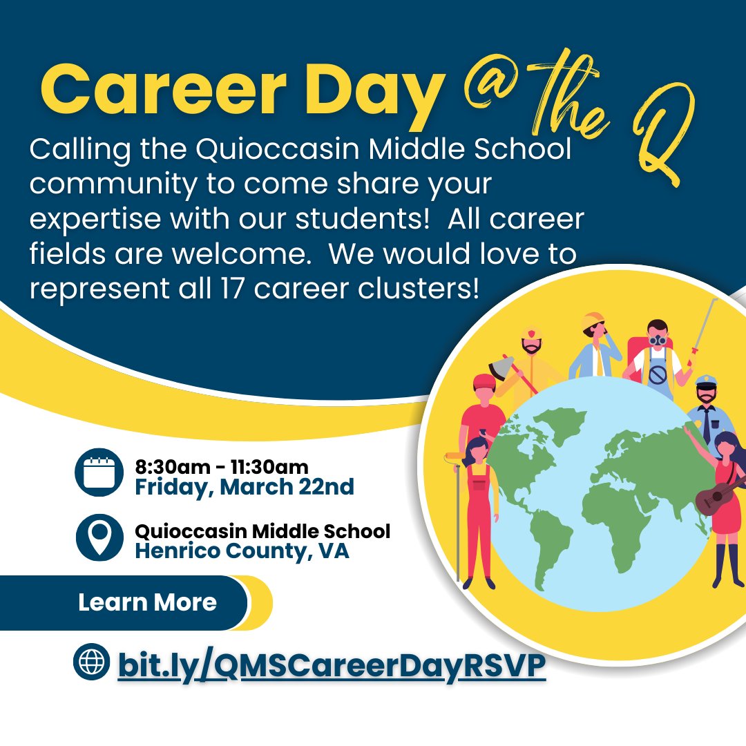 Career Day @ the Q - March 22nd, from 8:30-11:30 AM.  Our goal is to offer representation from all 17 career clusters, so all career fields are welcome!  Check out bit.ly/QMSCareerDayRS… for more information and to sign up! @QMSGriffins @QMSPTSO @HCPSCounselors