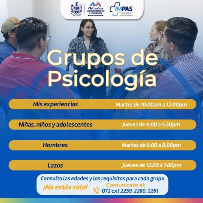 chihuahuampio's tweet photo. ¡Tu salud mental es importante! 🧠💛
Recuerda que en el #IMPAS tenemos grupos de psicológica los martes y jueves. Consulta las edades y los requisitos de cada grupo al 072 extensiones 2259, 2260 y 2261.🫂
#TrabajoyResultados #MarcoBonilla https://t.co/cednNID2MX
