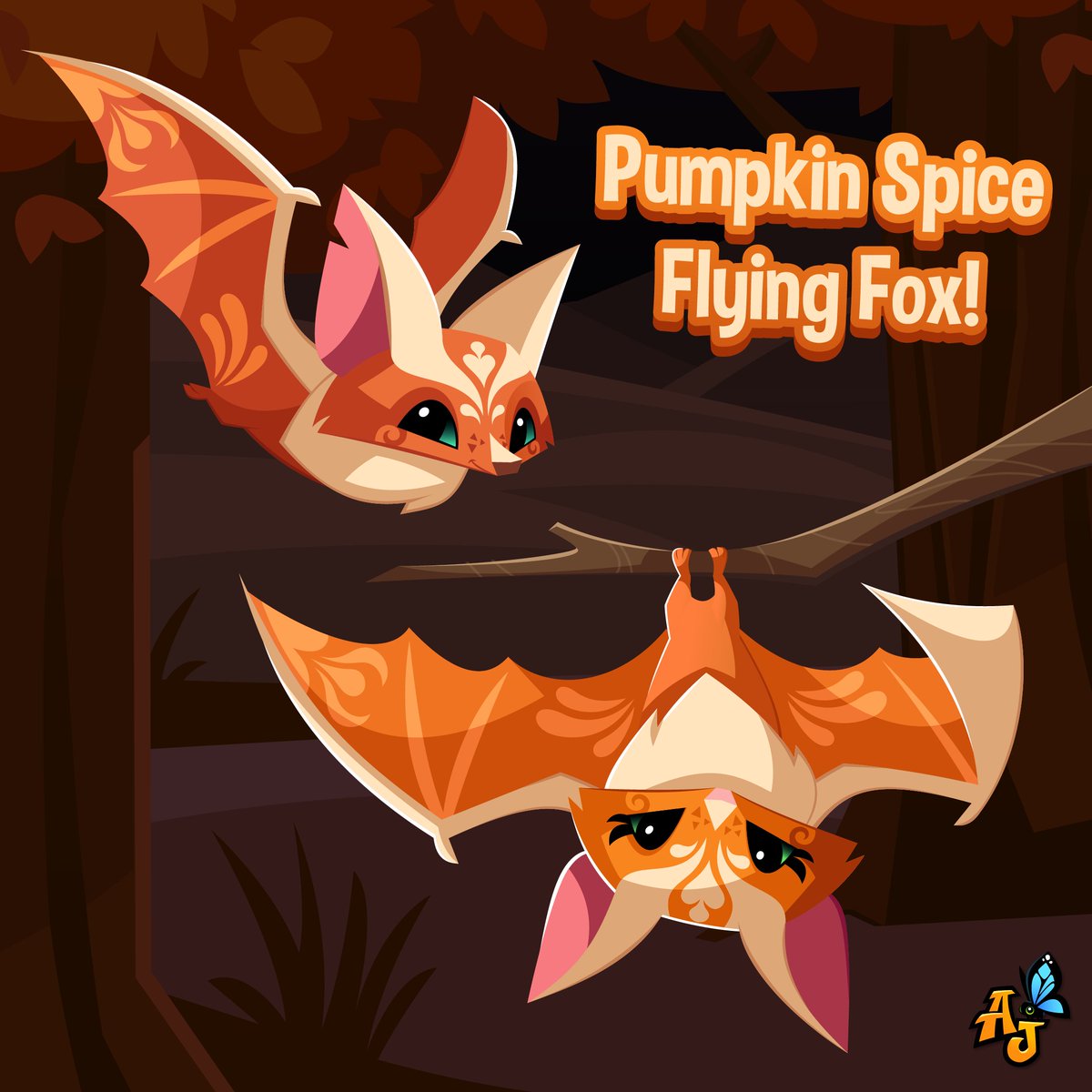 AnimalJam's tweet photo. ๐โจโ๐ There's a deliciously autumnal surprise in Animal Jam: Pumpkin Spice Flying Foxes take flight! Get the Perfect Pumpkin Spice Bundle now to own this adorable creature along with its exclusive Pumpkin Spice Outfit! ๐๐ฆ #PumpkinSpice #AutumnVibes #AnimalJam #AJanimal https://t.co/BhIss14CBW
