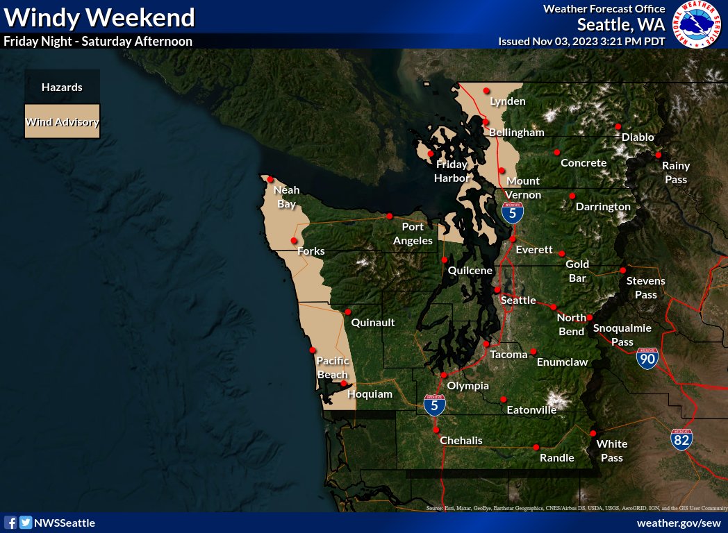 NWSSeattle's tweet photo. A breezy weekend is in store with wind gusts from 20 to 30 mph area-wide. Gusts up to 40 mph are expected for the coast, the northern Interior lowlands &amp; islands -- prompting a wind advisory from tonight through tomorrow afternoon!🌬️ #waWX https://t.co/fba4PPegQt
