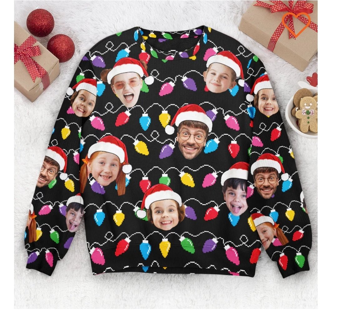 Hear me out. This "customized" Christmas sweatshirt, but instead of my family or whatever I put the faces of the cast of the hit HBO rom com Our Flag Means Death.