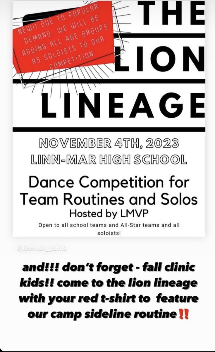 Don’t have plans tomorrow? Well now you do! $10 admission for entire day! Routines from 11:30am-6:30pm! Amazing talent my many solos and teams! ⁦<a href="/LinnMarPoms/">Linn-Mar Poms</a>⁩