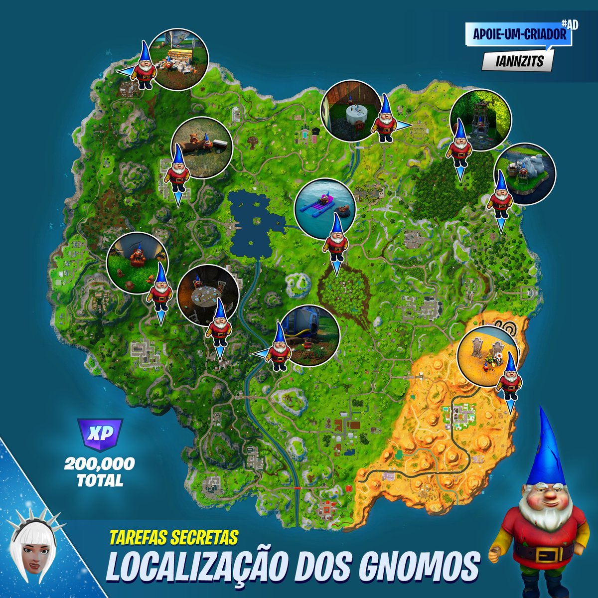 iannzits's tweet image. 📍 NOVAS TAREFAS SECRETAS: Localização de todos os Gnomos no mapa do #FortniteOG 

— 20,000 XP cada Gnomo!
— 200,000 XP no total ao coletar todos os dez!