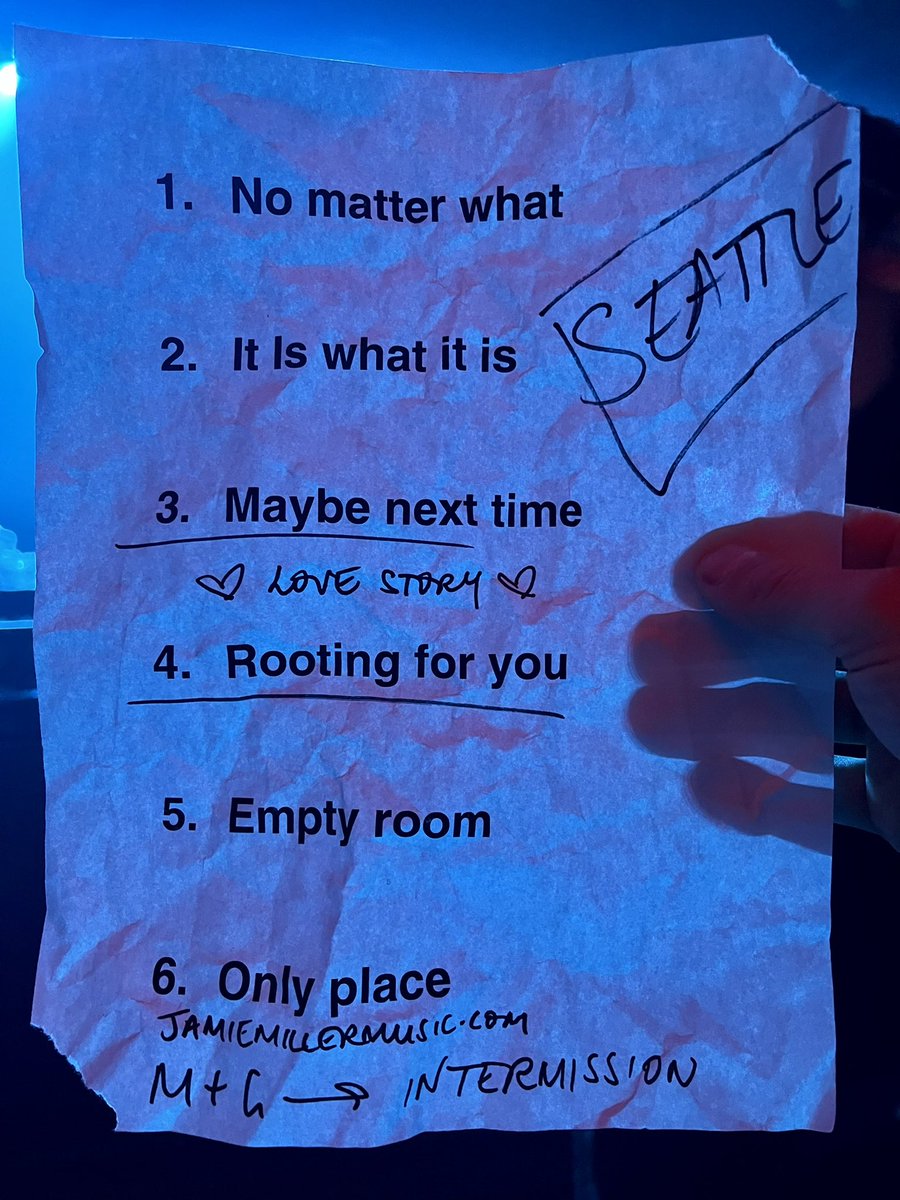 DudesForEric's tweet photo. Eric’s opener @jamiemillmusic is so good! I got his setlist after he finished 
#JamieMiller
#EricNamInSeattle https://t.co/pzcpkDPsr3