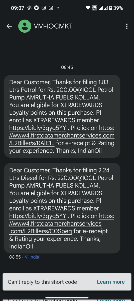ashi8878's tweet photo. @iocl_pbd @DirPBD_iocl @DirMktg_iocl @MIB_India I received 3 sms for 3 different transaction from IOCL Amrutha Fuels from kollam which is in kerala and I am not even in kerala. Similar incidents happened last year also. Attaching screenshot for your reference. https://t.co/himwF8Xufb