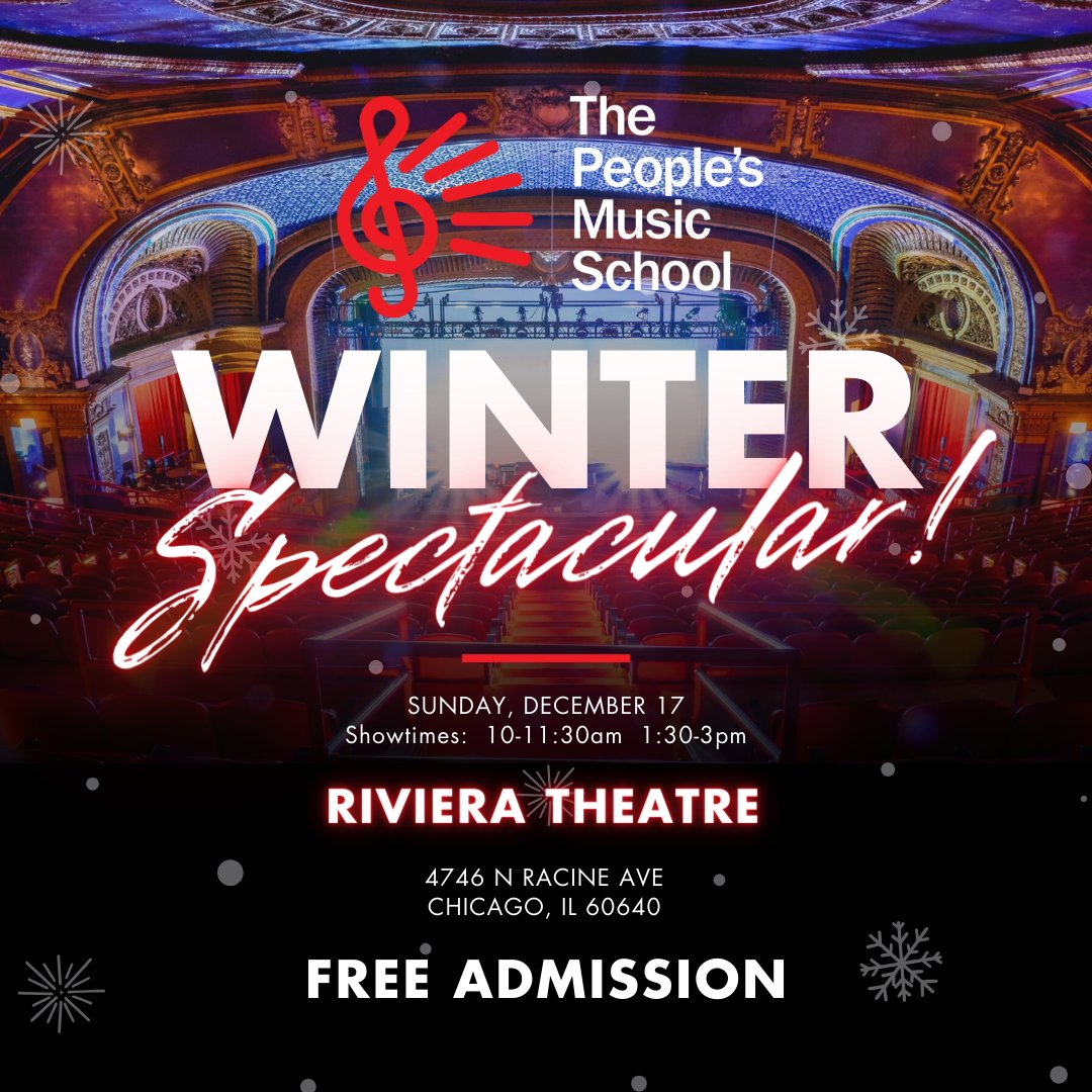 The People's Music School (@peoplesmusicsch) on Twitter photo It's The People's Music School like you've never seen them before: join us at the iconic <a href="/TheRivChicago/">The Riviera Theatre</a> on Sunday, 12/17 for our Winter Spectacular! ❄️ 🎶 It's a FREE heartwarming day of musical magic featuring nearly 300 student musicians. Don't miss it! bit.ly/40jE9r7 It's The People's Music School like you've never seen them before: join us at the iconic <a href="/TheRivChicago/">The Riviera Theatre</a> on Sunday, 12/17 for our Winter Spectacular! ❄️ 🎶 It's a FREE heartwarming day of musical magic featuring nearly 300 student musicians. Don't miss it! bit.ly/40jE9r7
