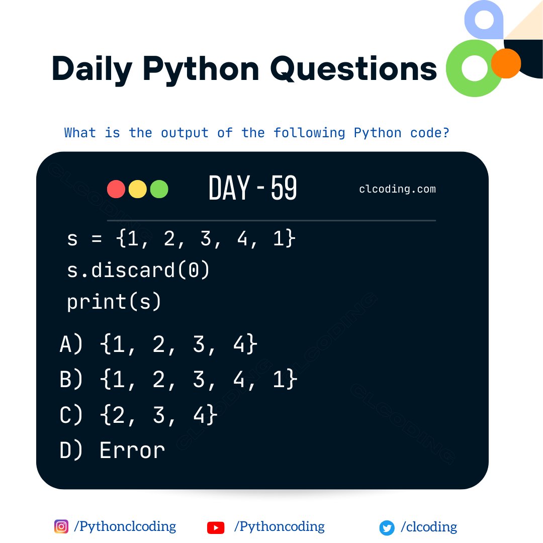 clcoding's tweet image. Python Coding challenge - Day 59 | What is the output of the following Python code? 
Detailed Solution - clcoding.com/2023/11/python…