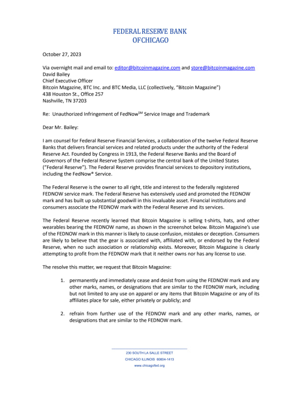 RichardHeartWin's tweet photo. The FED has sent a cease and desist to #Bitcoin Magazine over some T-Shirts with FEDNOW on them. Bitcoin Magazine's counsel has responded. Pretty funny considering that many US banks currently have delay deposits because of errors in the ACH system. "The issue could be stemming from The Clearing House (TCH), a core payments system infrastructure owned by some of the largest commercial banks in the world.

"TCH has experienced a processing issue with a single Automated Clearing House (ACH) file. TCH is working with impacted financial institutions on the matter," a spokesperson for the association said in an emailed statement to Reuters."