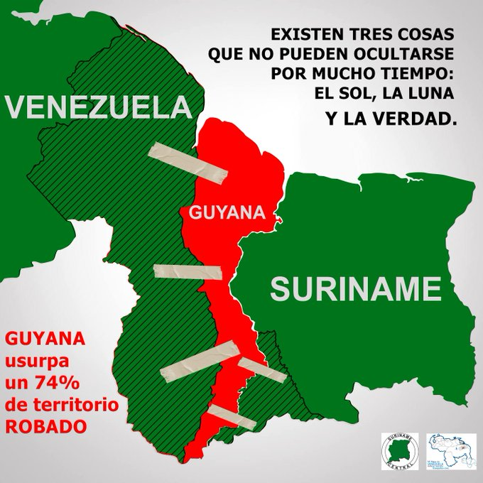 AntroCanal's tweet photo. Aproximadamente el 74% de lo que Guyana afirma ser su territorio es tomado de sus vecinos y puesto en su propio mapa. Probablemente algo que aprendieron de sus colonizadores. #3Nov #MiMapa 

#EsequiboEsVenezuela
#TigriIsVanSuriname #Esequibo https://t.co/PYGxN8jJCe