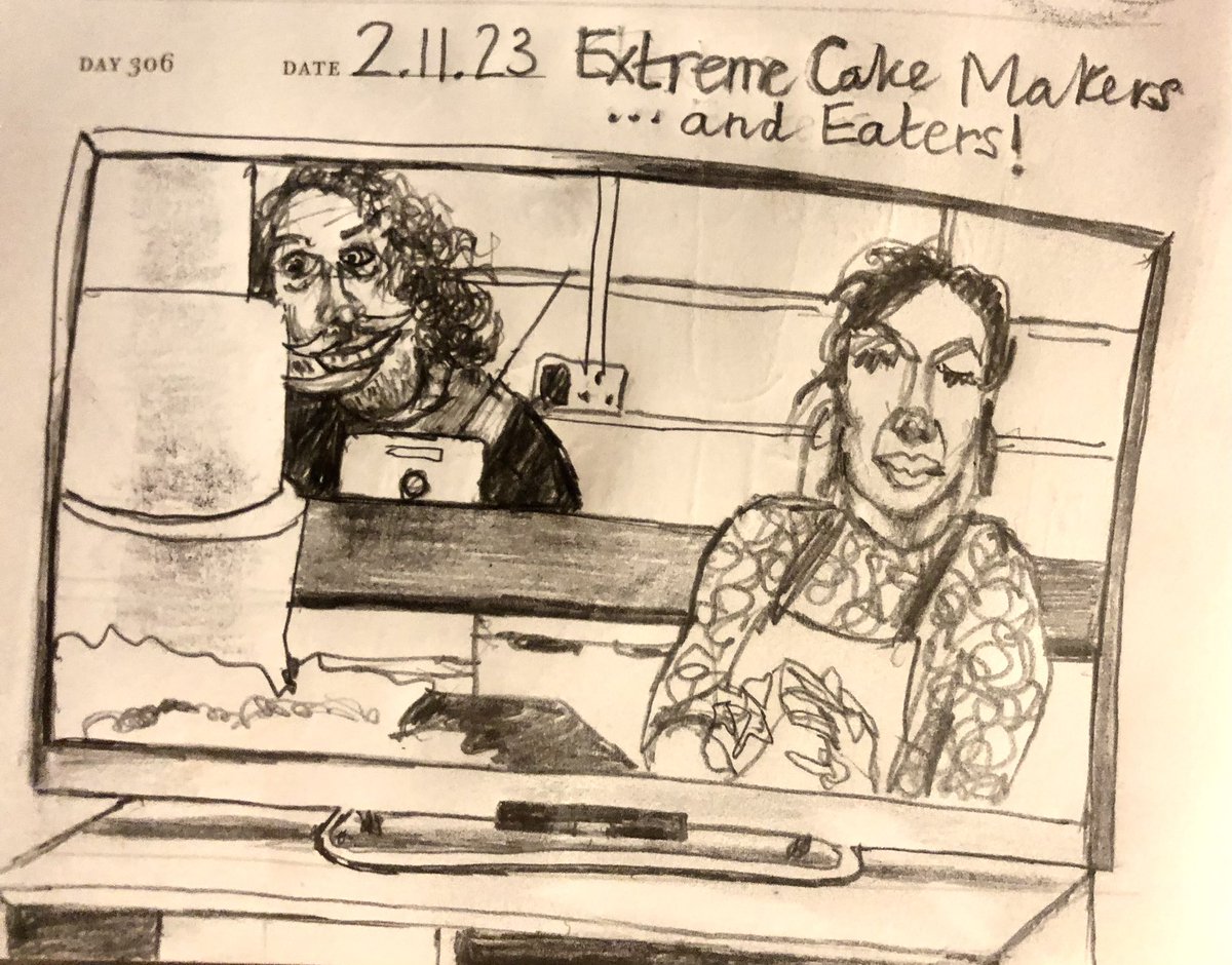 Venster67's tweet photo. One Sketch A Day 2.11.23
‘Extreme Cake Makers …and Eaters!’
#extremecakemakersandeaters #extremecakemakers #cake #onesketchaday #sketchbook #visualdiary #art #illustration #pencilsketch https://t.co/a6tFkElkjN