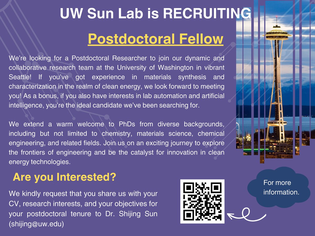 UwSunLab's tweet image. The UW Sun Lab is looking for a postdoctoral researcher that have some experience in material science or chemistry.
Please send @SunShijing a message if you are interested.