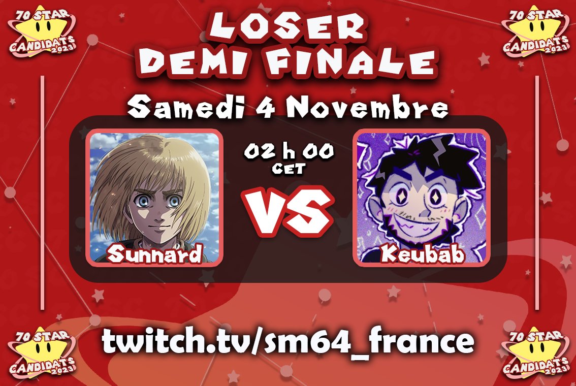sm64_france's tweet photo. Pour le bien du tournoi, nous allons tout de suite enchaîner avec une race :
LOSER DEMI FINALE :
@Sunnard1 VS @keubab_ à 2 h 00 CET
-> https://t.co/GHNCzlMCOb <-
#70SC #70SC2023 https://t.co/nnljkkkYSf