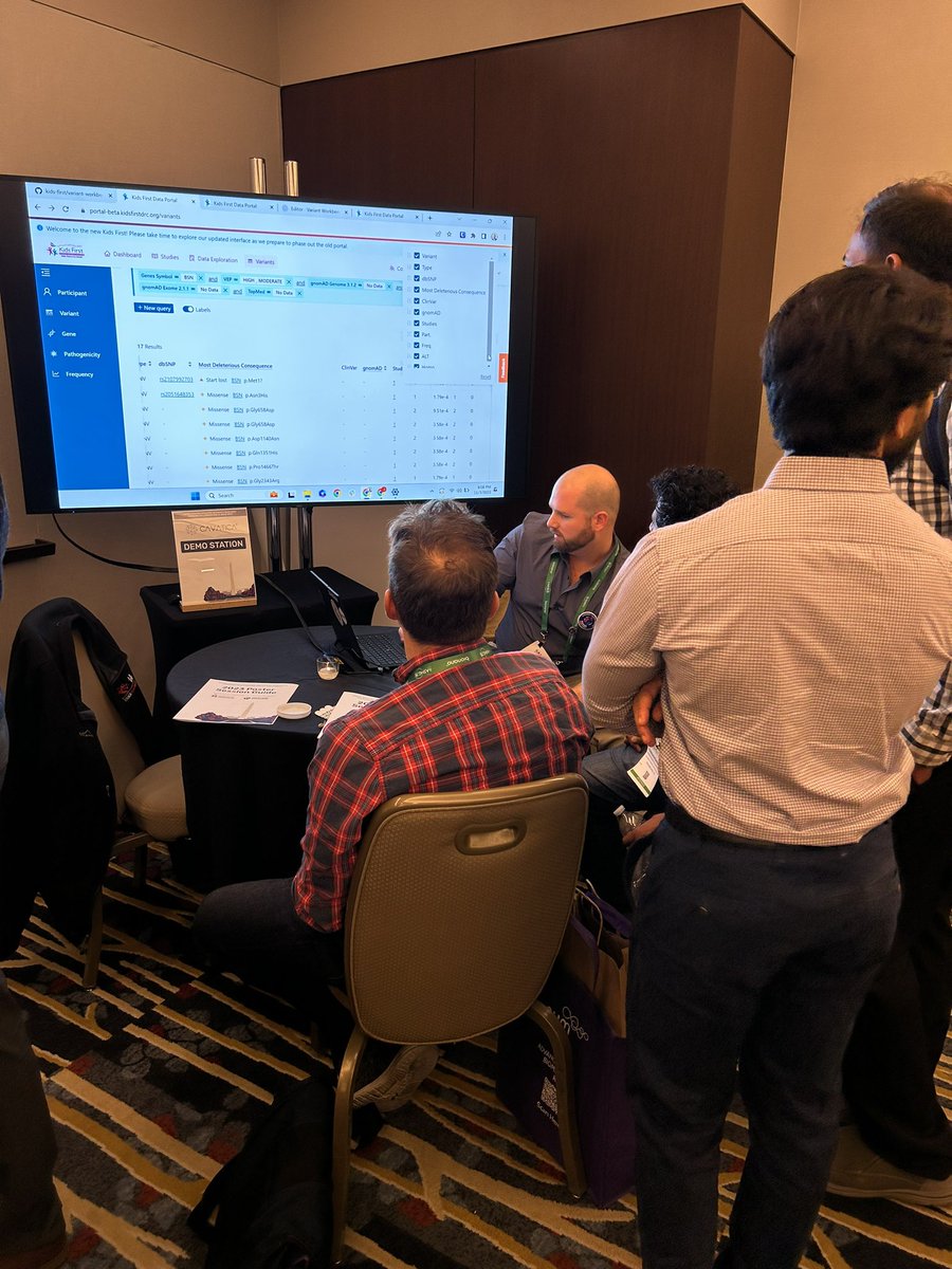 Bledine's tweet photo. @velseraofficial team at the @kidsfirstDRC and @CrnicInstitute networking event at #ASHG23 showing the cool data we support! #CloudComputing https://t.co/CtRmPNVbKg