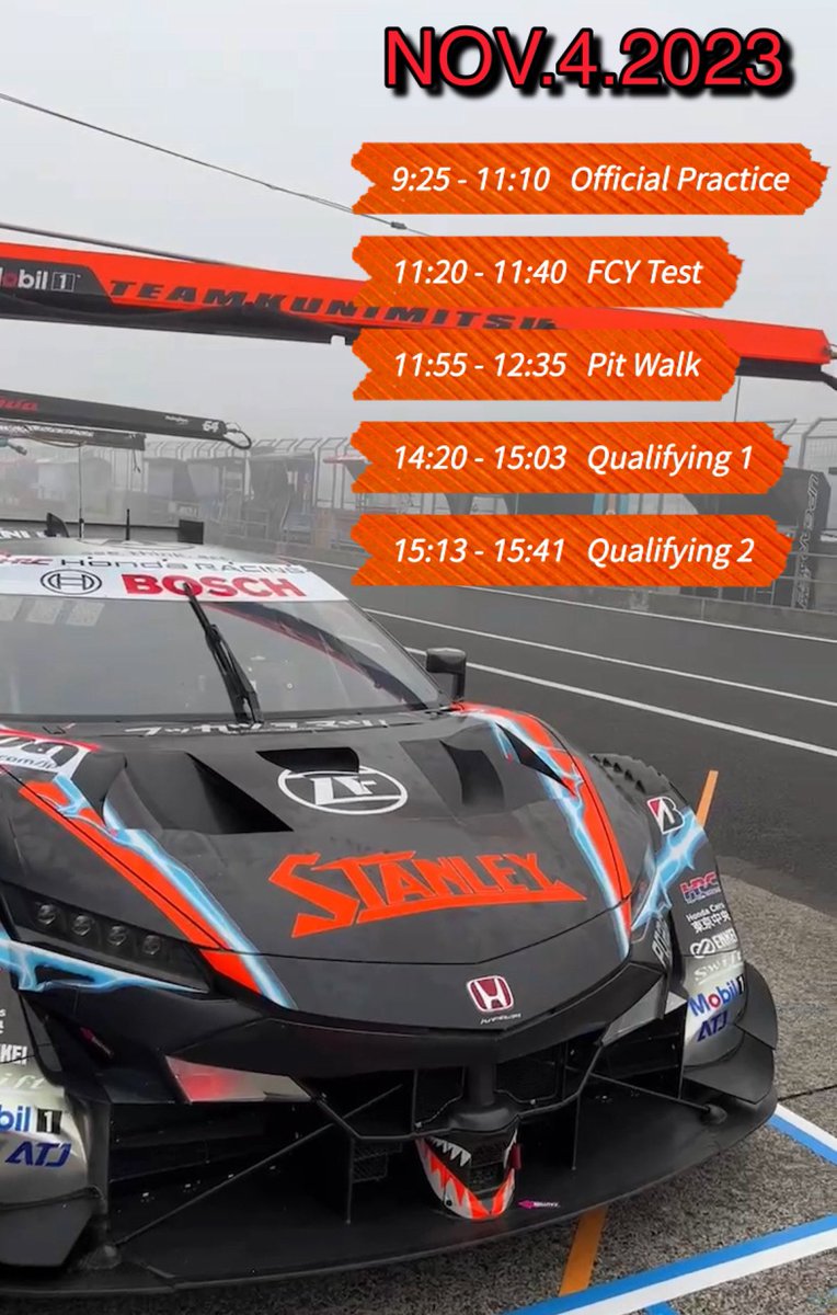 TM_Kunimitsu100's tweet image. 霧に包まれた もてぎから おはようございます！
本日予選日のスケジュールです。

#qualifying 
#ありがとうNSXGT
#LASTRUN
#NSXGT
#もてぎ
#モビリティリゾートもてぎ
#MOTEGI
#TEAMKUNIMITSU
#チームクニミツ
#STANLEY
#スタンレー電気
#スタンレー
#Honda #HRC
#SUPERGT #SUPERGT2023
#小島監督