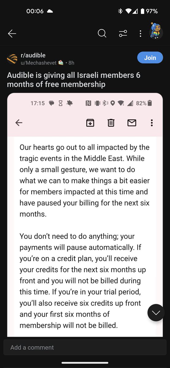Apparently audible are giving free 6 months to members in Israel because of the "tragic events in the middle east" 🥴 time to cancel my audible membership ✌🏼