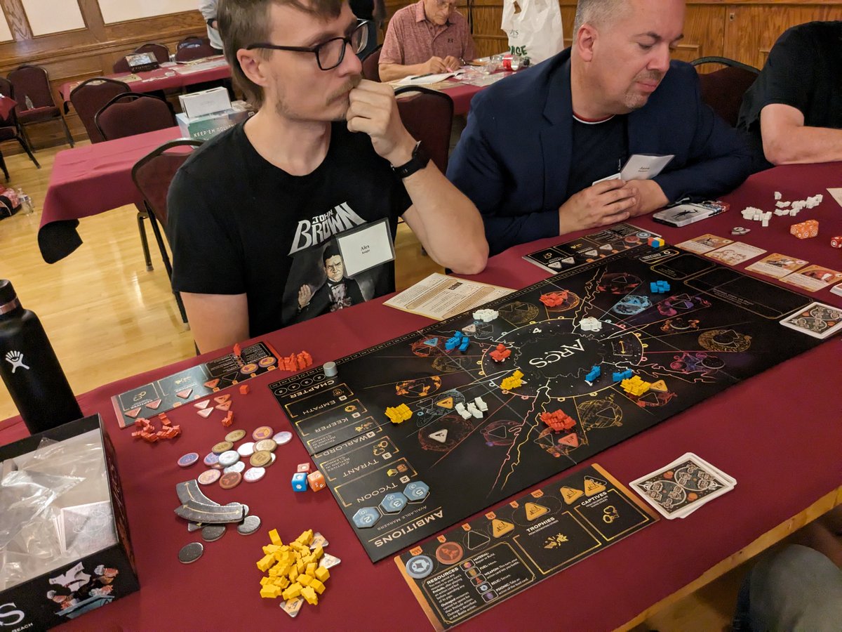 colewehrle's tweet image. Didn&apos;t take long to rope in @JasonDCMatthews and Alex Knight  for a game of Arcs at @SDHistCon #sdhistcon