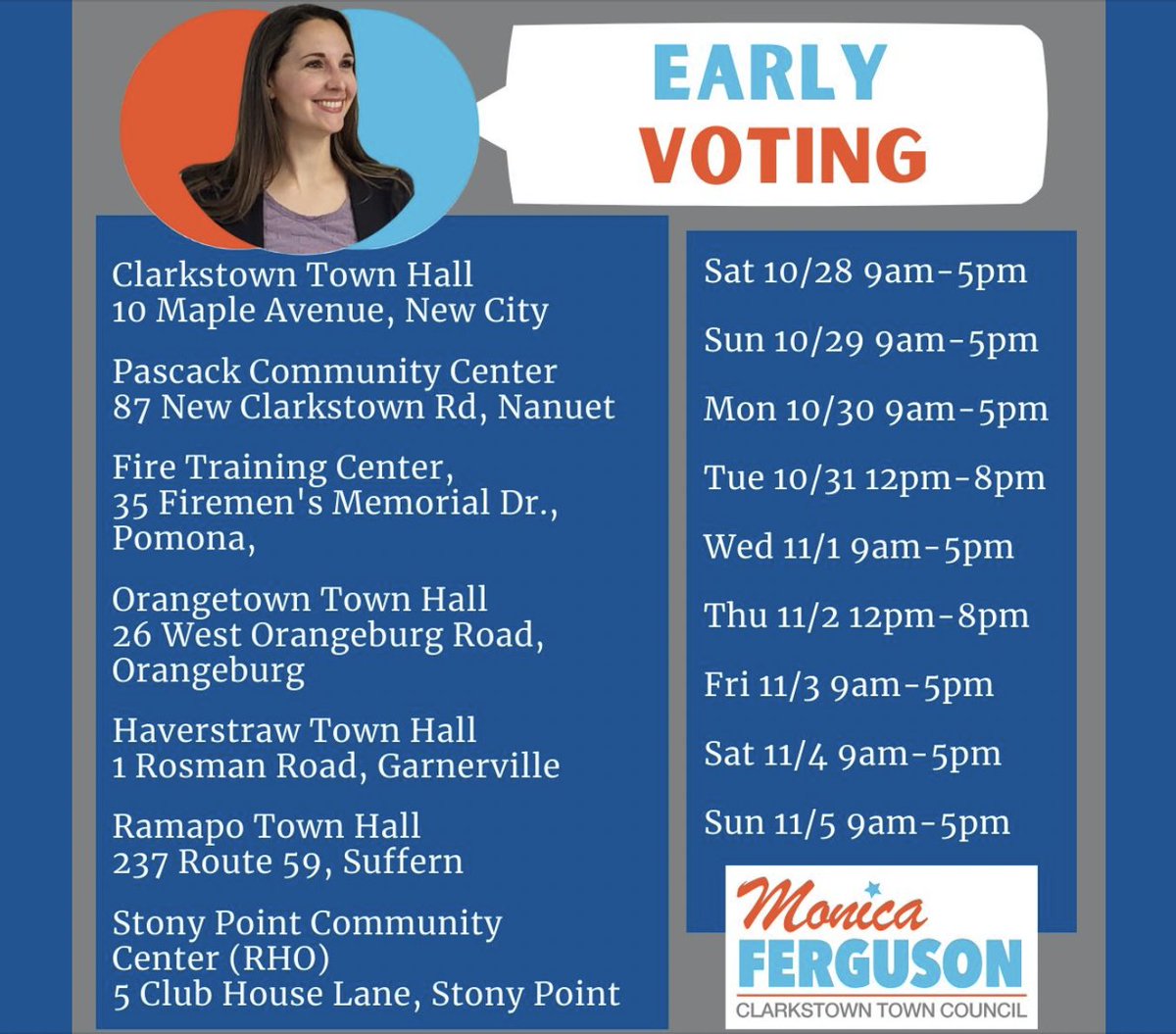 This is the LAST weekend of early voting times and locations are shown here. Election Day is November 7th Have questions? Link to learn more about me and my platform: ferguson4clarkstown.com #fergusonforclarkstown #ward1 #monicafortowncouncil #Clarkstown #NewCity