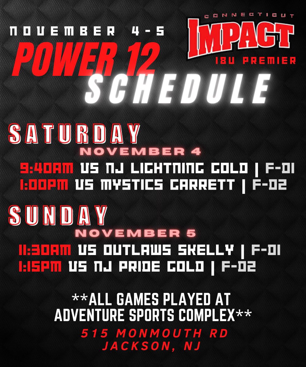Sage Verkler (@sagev16) on Twitter photo Schedule for Power 12 this weekend!! Come check us out β¬οΈπ₯ <a href="/CTimpact18u_P/">CT Impact 18u premier</a> <a href="/CoachK_mcvey/">Kenya McVey</a> <a href="/brit_romero_/">Brit Romero</a> Schedule for Power 12 this weekend!! Come check us out β¬οΈπ₯ <a href="/CTimpact18u_P/">CT Impact 18u premier</a> <a href="/CoachK_mcvey/">Kenya McVey</a> <a href="/brit_romero_/">Brit Romero</a>