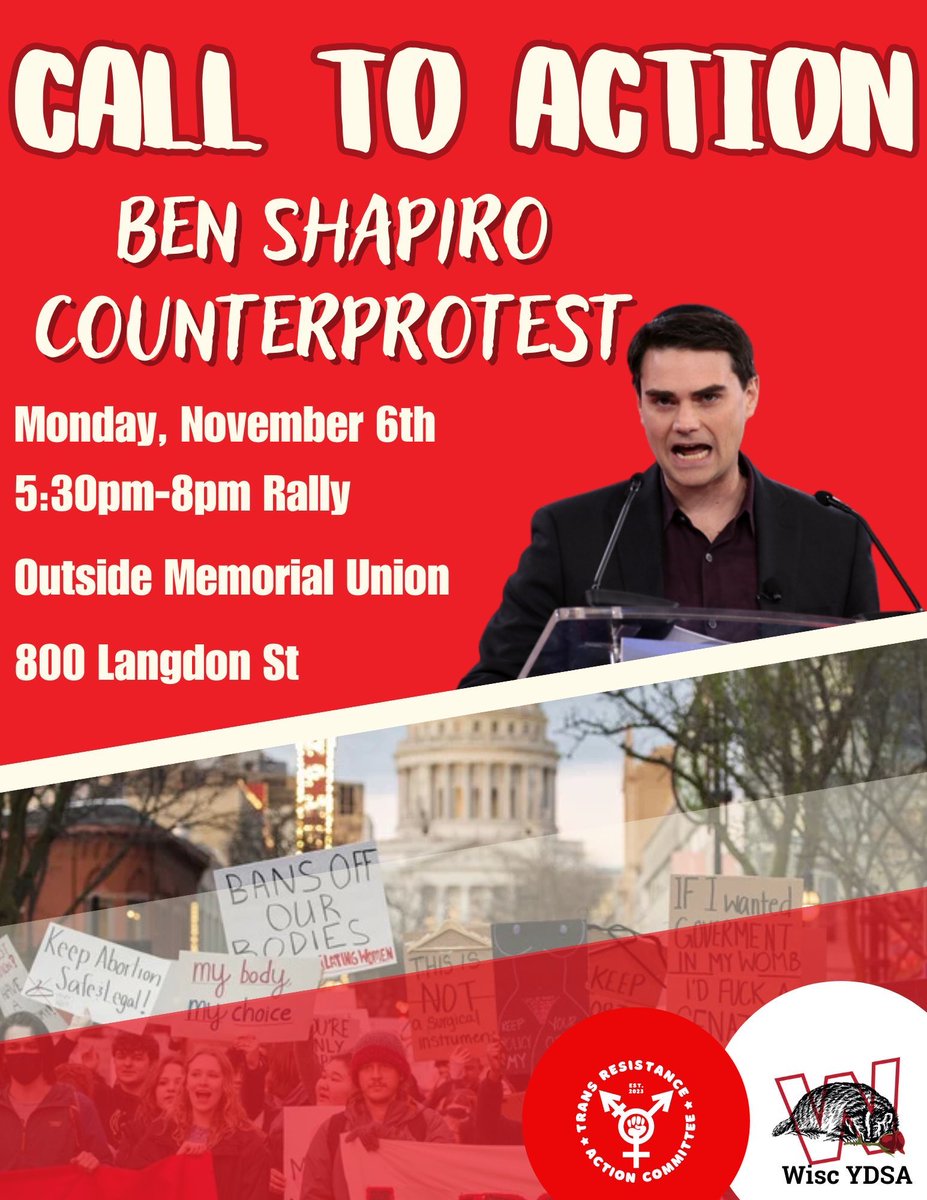 WiRWWatch's tweet image. UW-Madison students and the community are planning a protest of the upcoming Ben Shapiro event at the Memorial Union this Monday 11/6 at 5:30. 
If you go, cover your face, wear black in solidarity and stay safe!