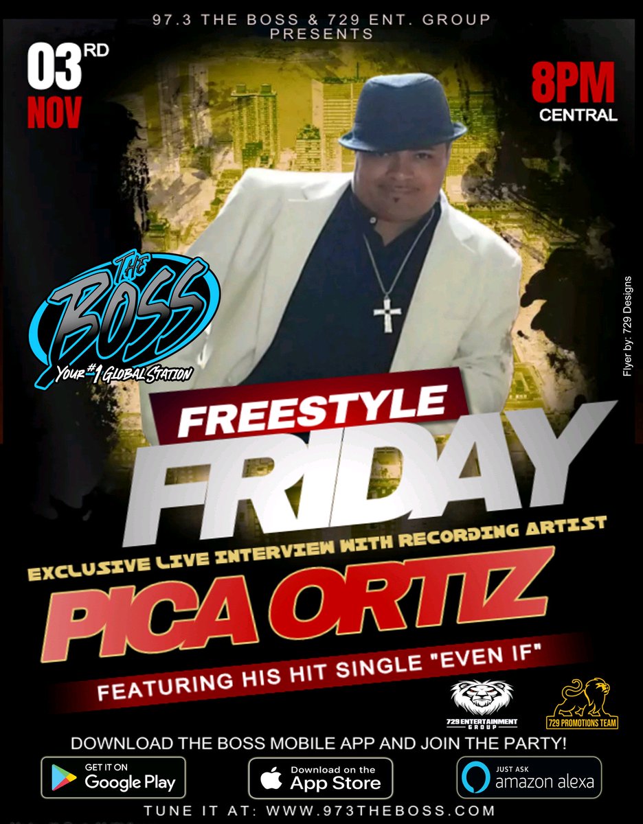 Join The BOSS at 9pm/8pm CST for a Freestyle Friday BOSS exclusive!! Pica (Pica Ortiz) LIVE on your #1 Global Station, The BOSS! 

Download our Free app to listen:

www.973TheBoss.comBoss for Iphone: apps.apple.com/us/app/the-bos… for Android: play.google.com/store/apps/det… Alexa: Say: 'Alexa,…