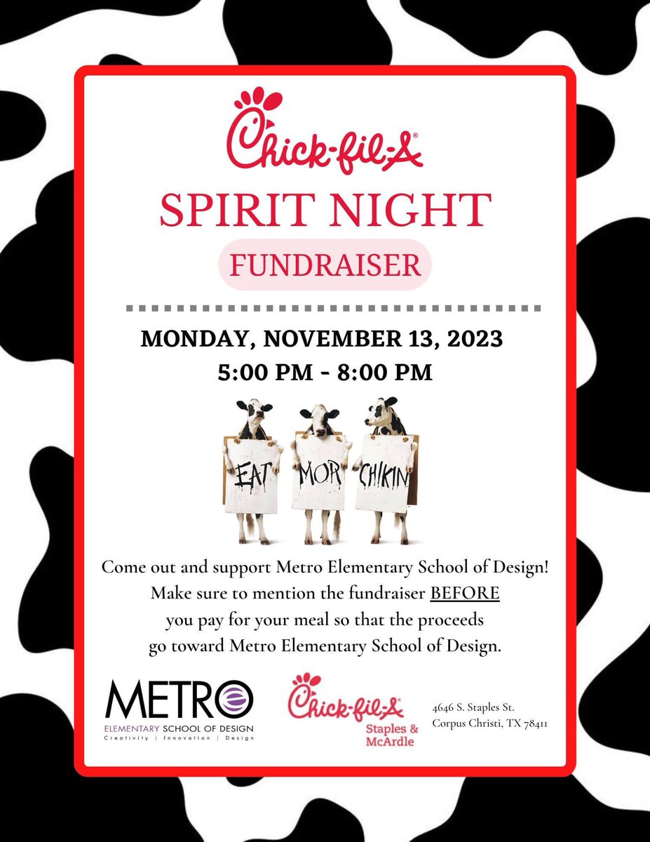 MetroESchoolofDesign (@metroelem) on Twitter photo 🚨 10 Days Away 🚨
Join us on Monday, November 13th from 5pm-8pm at Chick-fil-A Staples & McArdle for our 1st Chick-Fil-A Spirit Night for the 2023-2024 school year! 🤟
#CCISDproud #ccisdstrongertogether 🚨 10 Days Away 🚨
Join us on Monday, November 13th from 5pm-8pm at Chick-fil-A Staples & McArdle for our 1st Chick-Fil-A Spirit Night for the 2023-2024 school year! 🤟
#CCISDproud #ccisdstrongertogether
