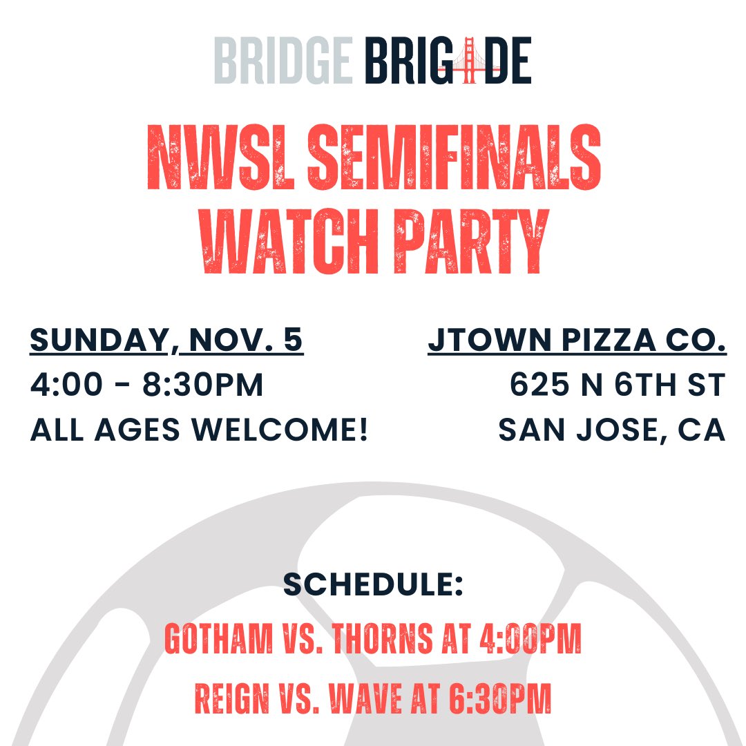 Time for the <a href="/NWSL/">National Women’s Soccer League</a> semifinals! Join us at <a href="/jtownpizza/">Jtown Pizza Co.</a> for playoff action this Sunday, 11/5. Gotham vs Thorns up first at 4 PM, then Wave vs Reign at 6:30 PM. Come for one or both games! All ages are welcome. 

#bridgebrigade #bayfc #bayfcsupporters #nwsl