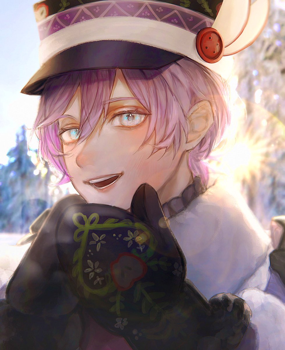 1boy male focus hat solo purple hair blue eyes looking at viewer  illustration images