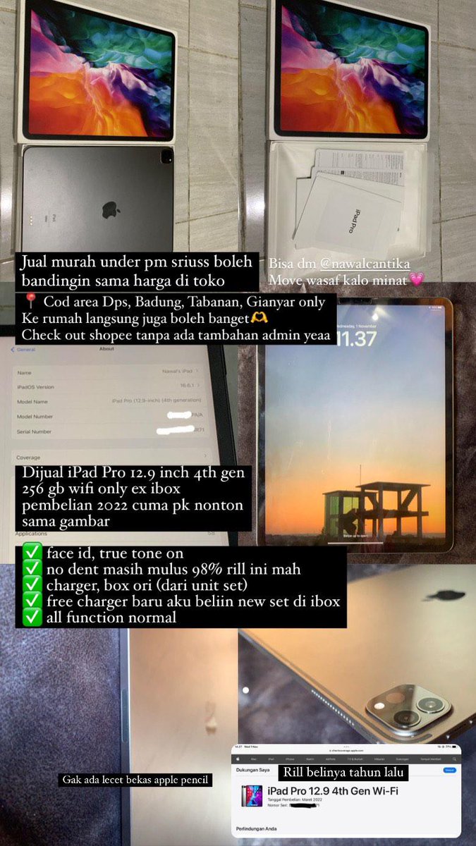 ((numpang wts sekedap)) 
want to sale iPad Pro 12.9 inch 4th gen 
harga jual 11,5jt aj dik ayo bisa cod area sby jg
256gb ex ibox wifi only
baru beli setahun yang lalu, mulus fullset dik
free charger baru ori ibox
for more info dm dm aja iya dik jgn lupa mt after dm 😘😁✋