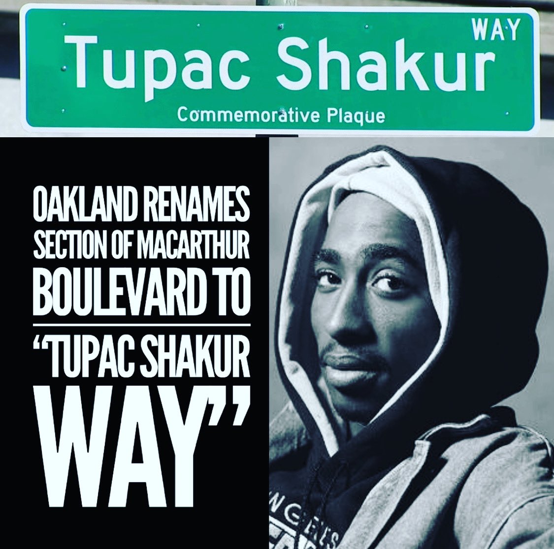 A section of MacArthur Boulevard in Oakland near where Tupac Shakur lived in the 90s has been renamed to “Tupac Shakur Way”. Salute to Tupac and his contribution to Hip-Hop and the Culture ✊🏾 #Hiphop #Rap #Culture #TupacShakurWay