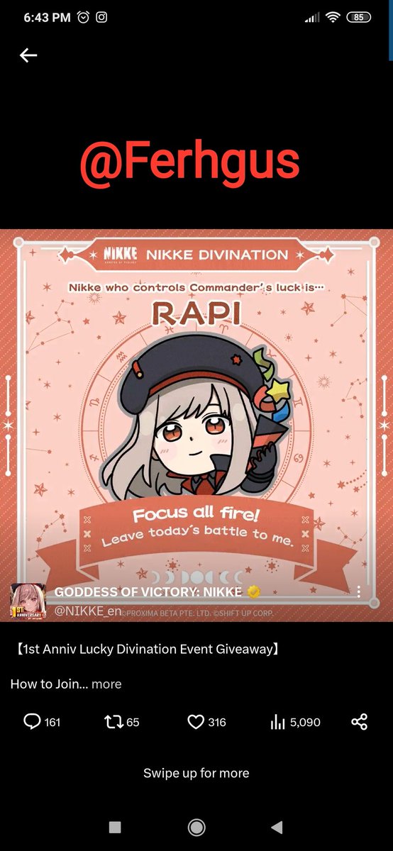 Ferhgus's tweet photo. @NIKKE_en #NIKKE1stAnniversaryDivination

Rapi best girl 🥰 https://t.co/FdHnBLlaMR