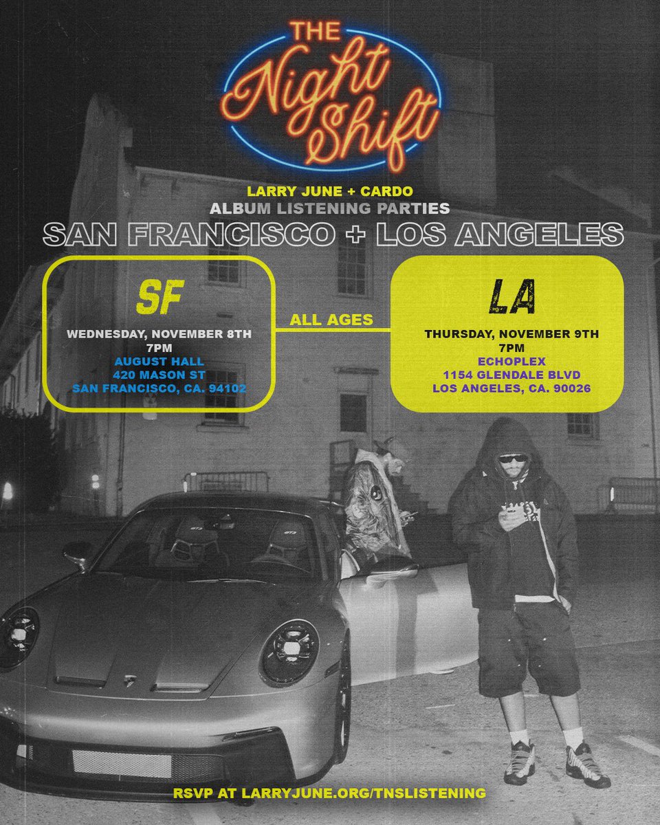 LarryJuneTFM's tweet photo. 11/8 / 11/9 Come vibe out with us The Night Shift way and hear the album early. First stops SF &amp; LA this bout to do numbers fasholy. Aye aye aye sock it to me. RSVP below 🪽🍊💿 #TheNightShift  

https://t.co/trUjL2dtHI https://t.co/CVuzxmvzen