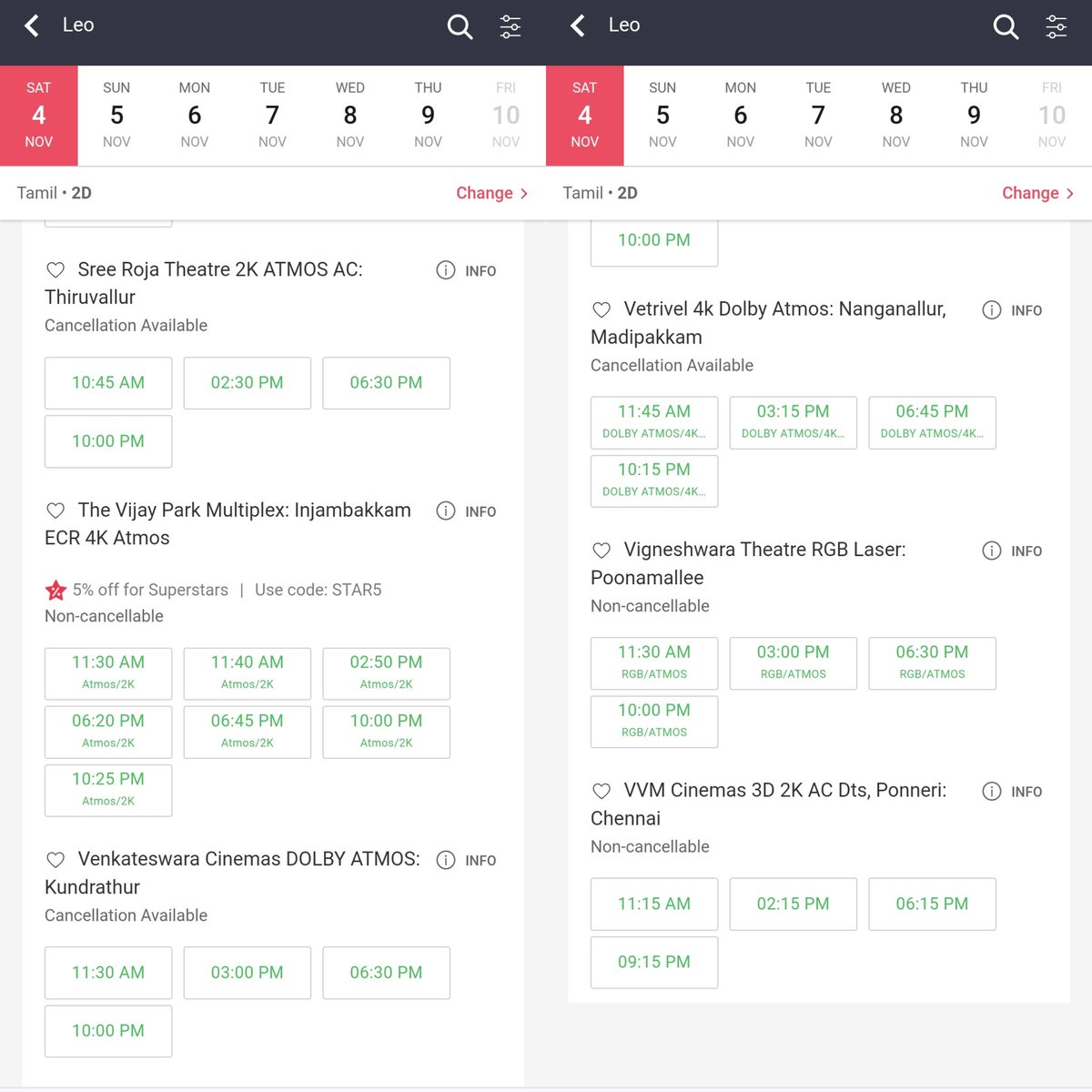 saniyansak34420's tweet photo. Chennai Nov 4 th - 🟢
Apart from few multiplex shows in PVR going Amber rest all Green for past 3 weeks. Pathetic performance of Leo continues for third week too.
#LeoScam #LeoDisaster
#Fraud7ScreenStudios #LeoGreenRevolution https://t.co/tydBvmrvLi