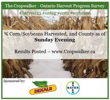 Two grain carts go around the outside, round the outside, round the outside. Two grain carts go around the outside, round the outside, round the outside... Woo! Guess who's back, back again? 

Please post percentage of corn and soybean harvested as of Sunday evening and county