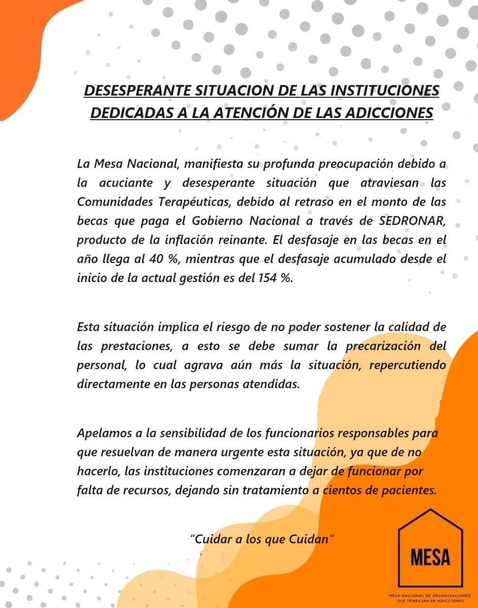 Comunicado de la MESA por la no actualización de los montos que el Estado le abona a las comunidades terapéuticas y otras instituciones especializadas en #adicciones. Preocupante.