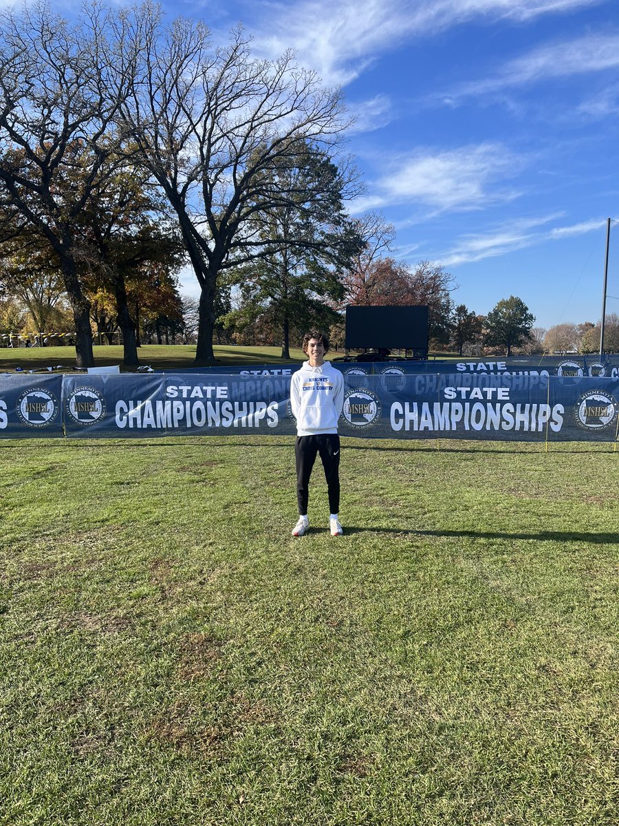 Good luck to junior Max Salas at the Minnesota State XC Meet tomorrow morning. The boys race goes off at 10:00 AM at Les Bolstad Golf Course. Go Knights!