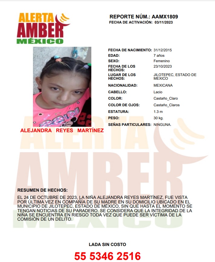 Solicitamos su colaboración para la pronta localización de Alejandra Reyes Martínez, vista por última vez en el municipio de Jilotepec, Estado de México.