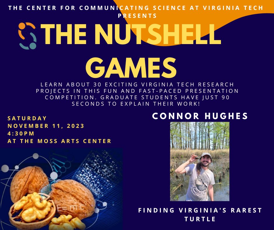 Do you know what our rarest turtle is? Or how to find it? Come to the #NutshellGames to hear Connor Hughes @CHughesWildlife @vt_fishwild @vt_cnre @VTGradCommunity talk about his research. @FralinLifeSci