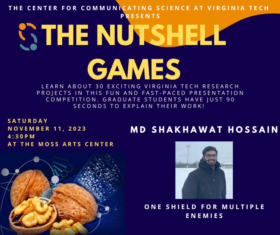 Md. Shakhawat Hossain's Nutshell Games talks is titled 'One shield for multiple enemies' . . . sounds intriguing! Don't miss it at the Nutshell Games on Nov. 11 at 4:30 pm! @MdShakh88547499 @VaMdVetMed @VTGradCommunity @FralinLifeSci