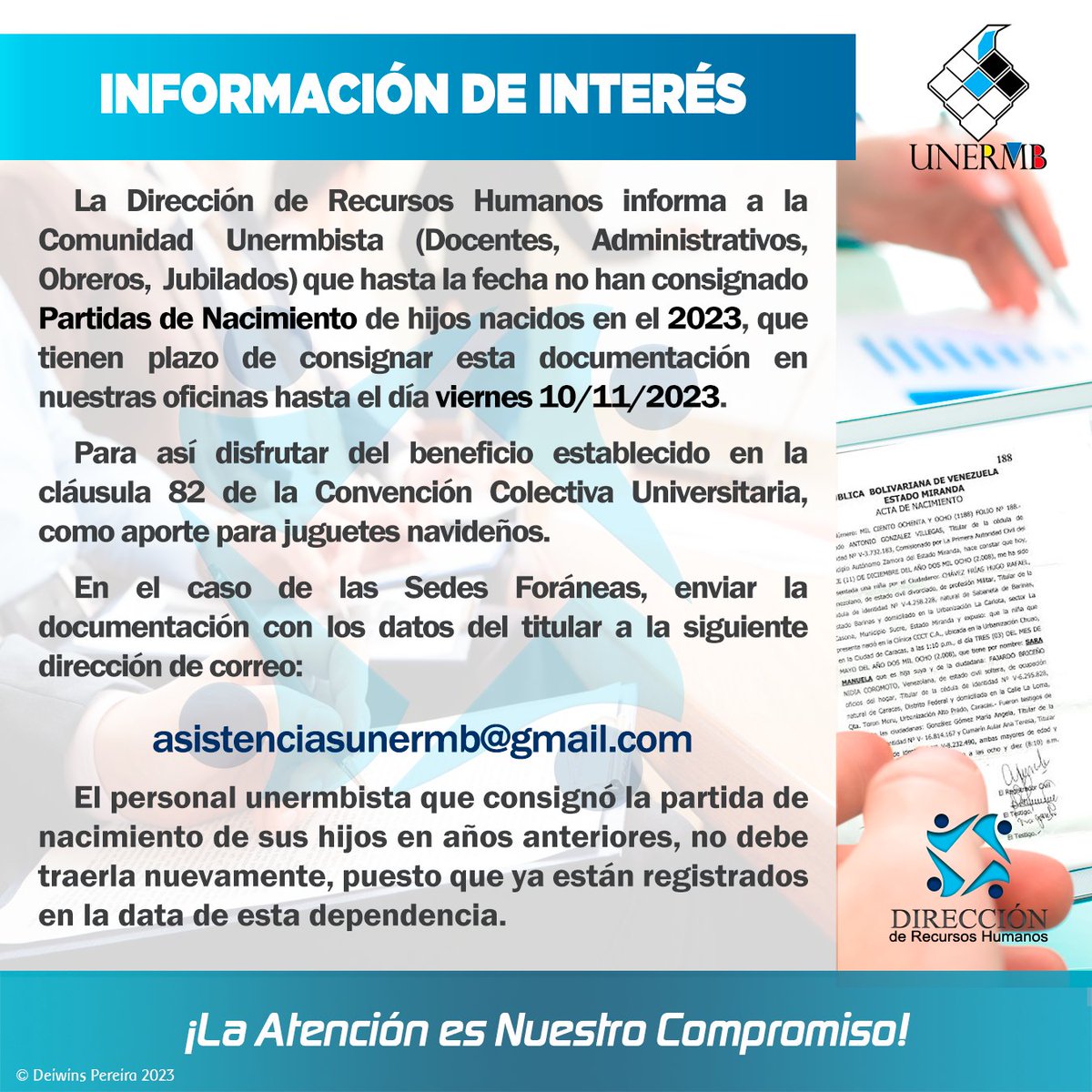 RRHHContigo's tweet photo. #DeInterés Se convoca a la comunidad unermbista a consignar Partida de Nacimiento para aporte de juguetes navideños https://t.co/VPlxr6DAjy