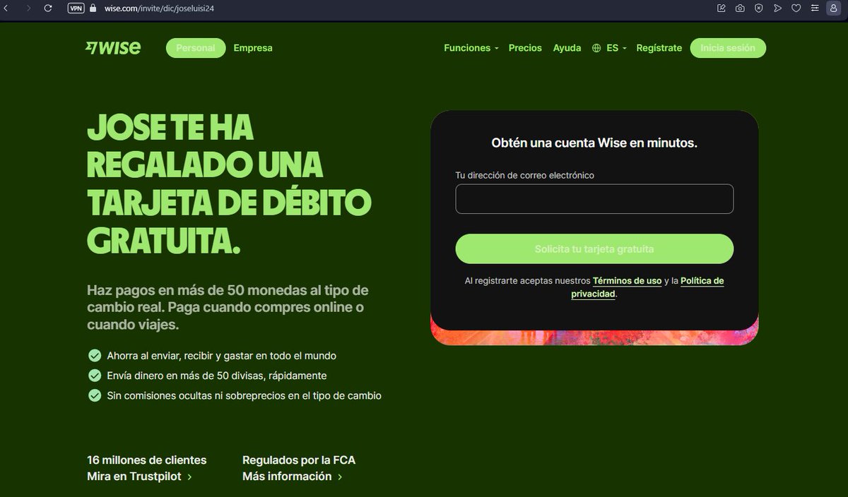 Art3Digit4l's tweet image. ¡Tarjeta GRATIS!
Usando este código de referido obtendrás totalmente gratis tu tarjeta de débito.
wise.com/invite/dic/jos…
WISE es un banco online con sede en Londres, sin comisiones de mantenimiento, transferencias instantaneas, conversor de divisas y un largo etc de servicios.
