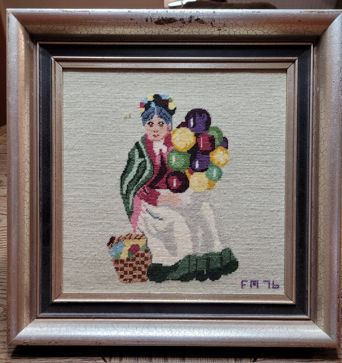 SeeingTwo's tweet photo. #FridayNightFind A cross stitch patterned from the Royal Doulton figurine, "The Old Balloon Seller." FM stitched this piece 47 years ago. There's also a "Balloon Man, " which I couldn't find. Maybe one day. ๐ https://t.co/5bG7xZX2Tx