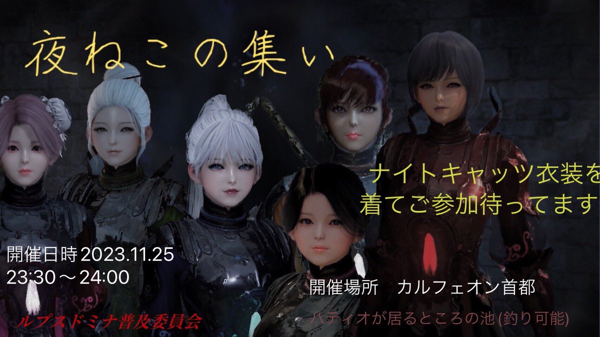 y4523105's tweet photo. #ルプスドミナ普及委員会
特別企画　
ナイトキャッツ衣装をご愛顧の方　ナイトキャッツ衣装カッコイイよねと思った方　ナイトキャッツ衣装限定スクショ会をしませんか？
開催日時2023.11.25    23:30〜24:00
開催場所　カルフェオン首都　
　　　　(ハティオの居る池、釣り可能)
是非ご参加を‼︎ https://t.co/ItZz7CCFMY