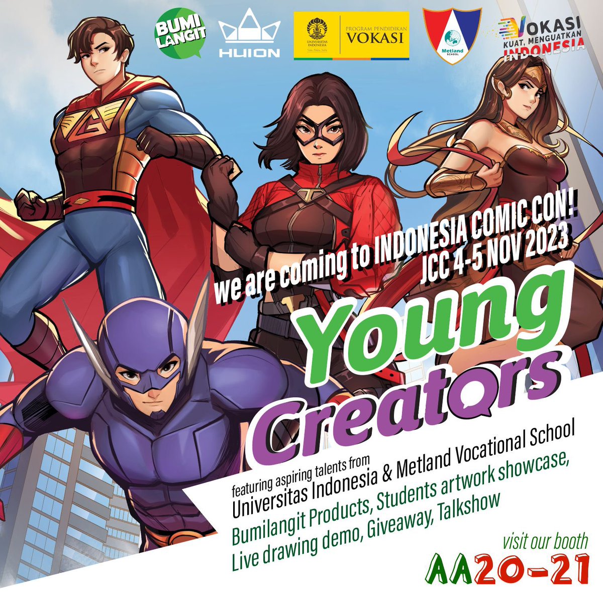 BumilangitID's tweet photo. Bumilangit With Young Creators

#Bumilangit akan hadir kembali di #IndonesiaComicCon pada tanggal 4-5 November di Jakarta Convention Center
bersama kreator-kreator muda dari #Vokasi Universitas Indonesia dan SMK #Metland akan memamerkan karya-karya mereka di booth AA20-21 https://t.co/JC3IZ10hYU