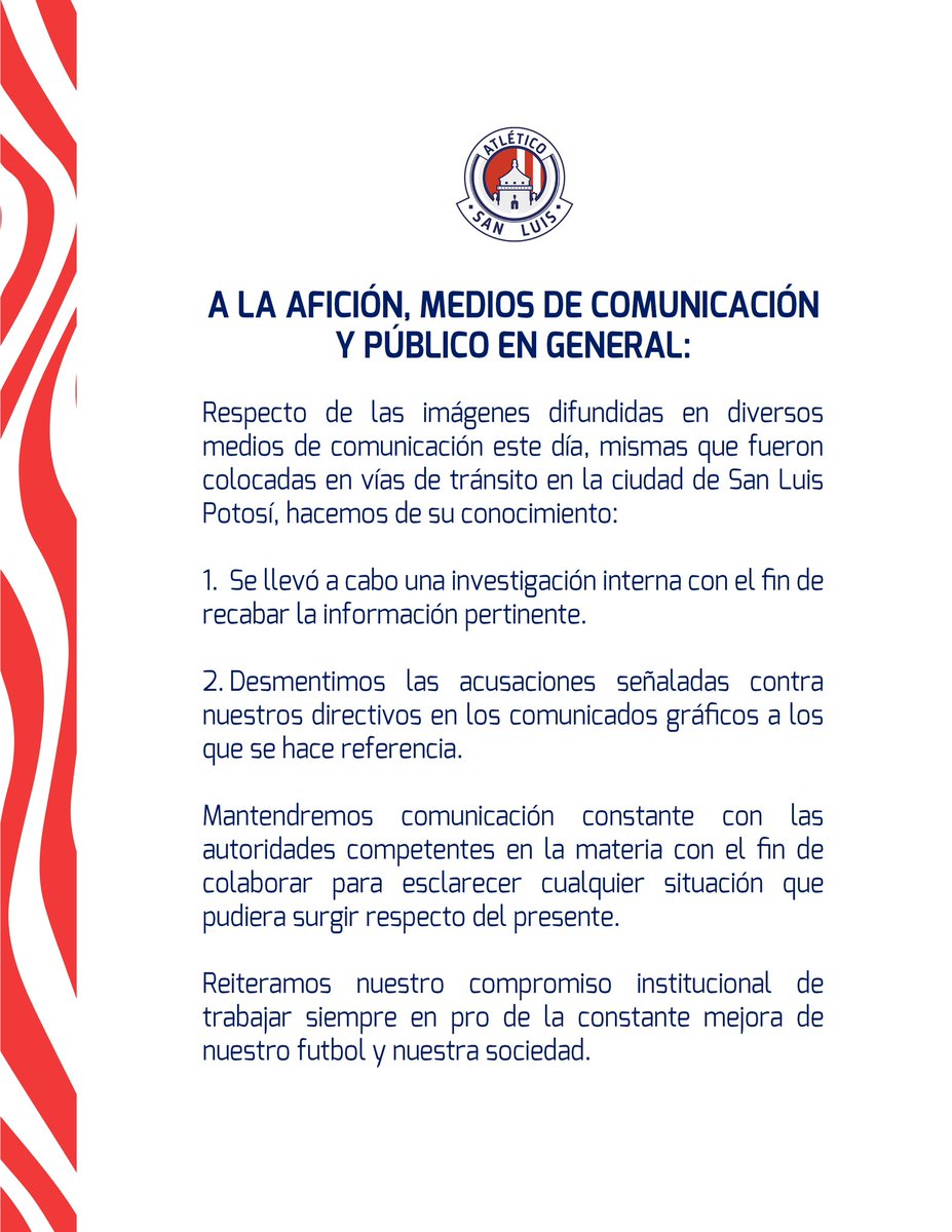 AtletideSanLuis's tweet photo. 🚨 COMUNICADO OFICIAL 🚨

A la afición, medios de comunicación y público en general.

#ConAlmaPotosina https://t.co/u45lqHTSOl