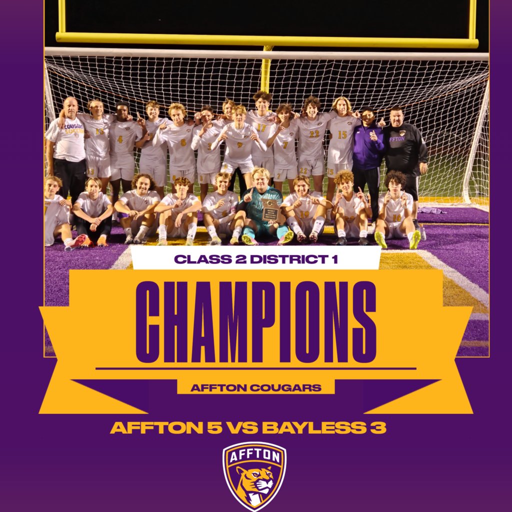 AHSActivityDept's tweet photo. CONGRATS to your Affton Cougars.  The 2023 Soccer Class 2 District 1 Champions!!!!  Enjoy the win boys!  Back to work next week to prepare for Westminster on Saturday November 11th.   Time TBA   WAY TO GO COUGARS!!!! https://t.co/ZCb6QUc0R0